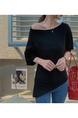 Black Real Shot 2025 Summer Plus Size Off-Shoulder Irregular Short-Sleeved T-shirt Shoulder Collar Slimming Top