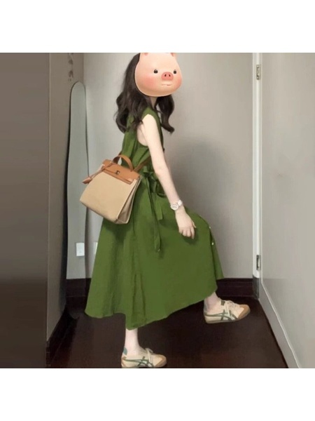 High Quality and Quality! French Style Green Lapel Sleeveless Dress Women's Summer Retro Elegant Single-Breasted Cardigan Dress