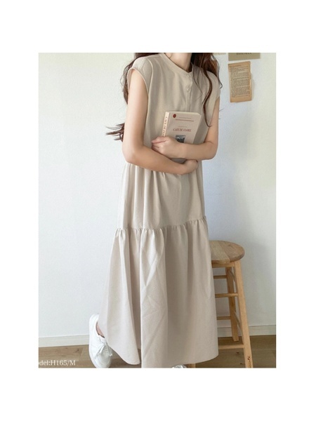 Korean Summer Round Neck Small Breasted Striped Sleeveless Dress in Beige - Sweet Korean Style New Color Debut
