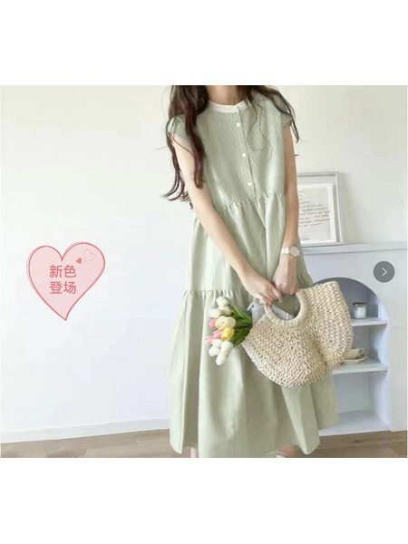 Korean Summer Round Neck Small Breasted Striped Sleeveless Dress in Light Green - Sweet Korean Style New Color Debut