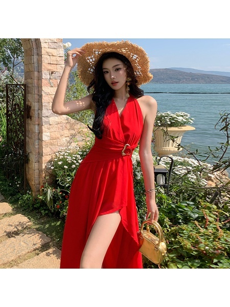In Stock Real Shot Sexy V-neck Halter Backless Dress in Red - Women's Summer Dopamine Seaside Vacation Split Beach Dress