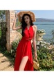 In Stock Real Shot Sexy V-neck Halter Backless Dress in Red - Women's Summer Dopamine Seaside Vacation Split Beach Dress