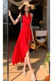 In Stock Real Shot Sexy V-neck Halter Backless Dress in Red - Women's Summer Dopamine Seaside Vacation Split Beach Dress
