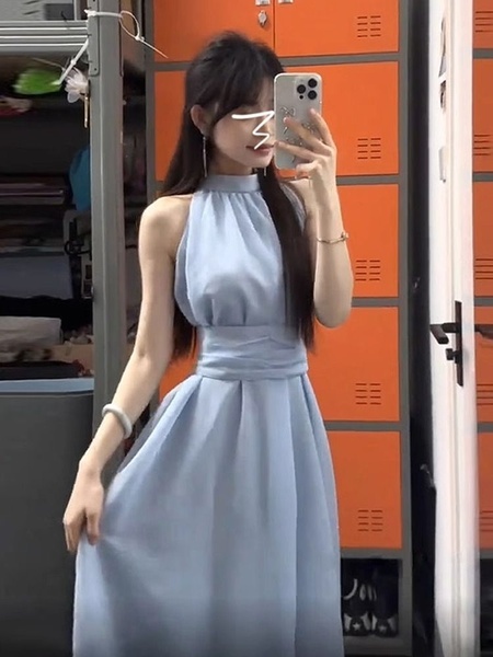 Tmall Quality! Spring Double-Layer French Gentle Sweet Elegance Slim Fit Nipped-Waist New Halter Sleeveless Dress in Light Blue