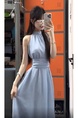 Tmall Quality! Spring Double-Layer French Gentle Sweet Elegance Slim Fit Nipped-Waist New Halter Sleeveless Dress in Light Blue
