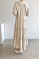 Korean Chic French Round Neck Puff Sleeve Cake Skirt Loose Single-Breasted Long Short-Sleeved Dress for Women in Cream Beige