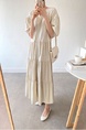 Korean Chic French Round Neck Puff Sleeve Cake Skirt Loose Single-Breasted Long Short-Sleeved Dress for Women in Cream Beige