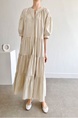 Korean Chic French Round Neck Puff Sleeve Cake Skirt Loose Single-Breasted Long Short-Sleeved Dress for Women in Cream Beige