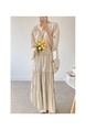 Korean Chic French Round Neck Puff Sleeve Cake Skirt Loose Single-Breasted Long Short-Sleeved Dress for Women in Cream Beige