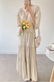 Korean Chic French Round Neck Puff Sleeve Cake Skirt Loose Single-Breasted Long Short-Sleeved Dress for Women in Cream Beige