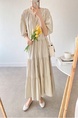 Korean Chic French Round Neck Puff Sleeve Cake Skirt Loose Single-Breasted Long Short-Sleeved Dress for Women in Cream Beige