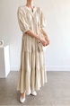 Korean Chic French Round Neck Puff Sleeve Cake Skirt Loose Single-Breasted Long Short-Sleeved Dress for Women in Cream Beige