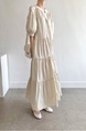 Korean Chic French Round Neck Puff Sleeve Cake Skirt Loose Single-Breasted Long Short-Sleeved Dress for Women in Cream Beige