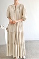 Korean Chic French Round Neck Puff Sleeve Cake Skirt Loose Single-Breasted Long Short-Sleeved Dress for Women in Cream Beige