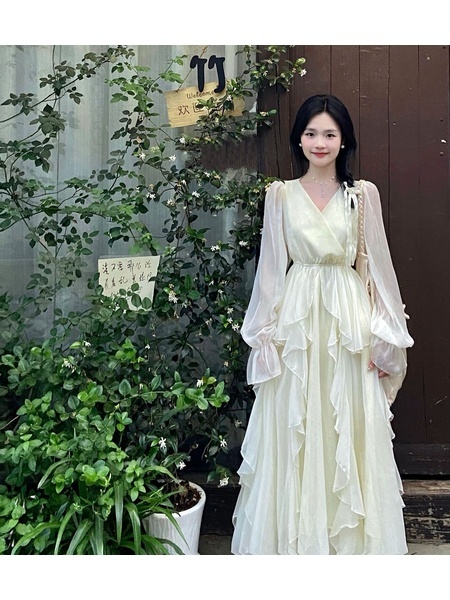 High Quality and Quality! French First Love Dress Super Fairy Sweet Gentle Ruffled Princess Dress Female Spring and Summer in Cream