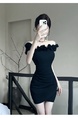 Real Shot of the New 2025 Summer Celebrity Temperament Sexy One-Shoulder Tube Top Flower High-End Black Hip Skirt