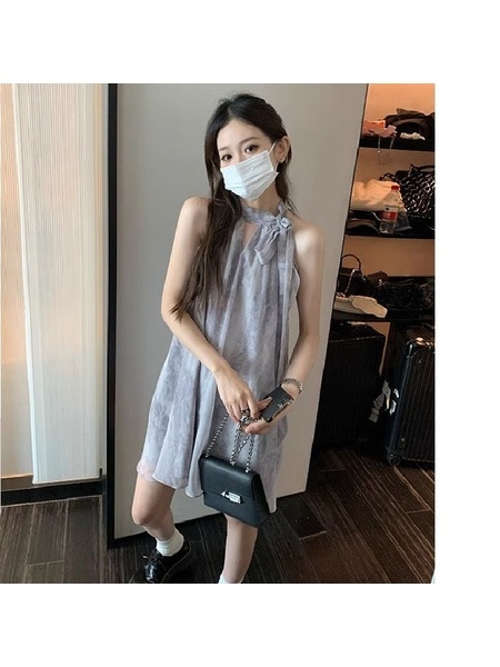 High Quality and Quality! French Style Halterneck Printed Sleeveless Dress Women's Summer Gentle Sweet Slimming Chiffon Fairy Dress in Light Gray