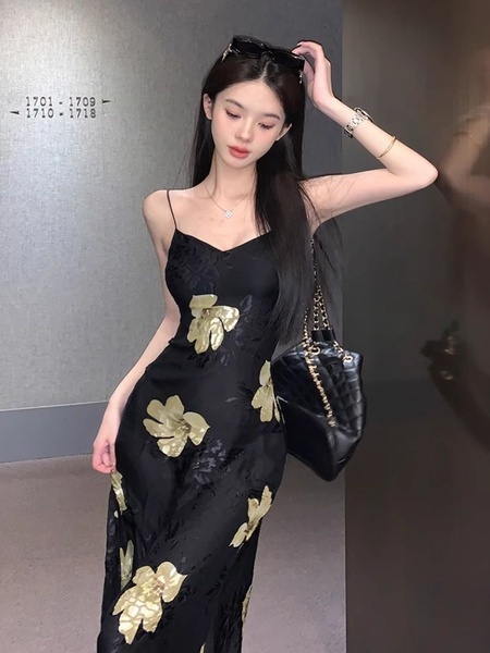 Original Fabric! Floral Skirt Sling Dress Chiffon Dress Slim Fit Waist-Controlled Slimming Temperament Long Long Dress Female Summer in Black