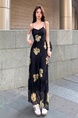 Original Fabric! Floral Skirt Sling Dress Chiffon Dress Slim Fit Waist-Controlled Slimming Temperament Long Long Dress Female Summer in Black
