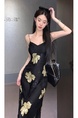 Original Fabric! Floral Skirt Sling Dress Chiffon Dress Slim Fit Waist-Controlled Slimming Temperament Long Long Dress Female Summer in Black
