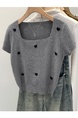 Super Nice Design Love Square Collar Short Sleeve Knitwear for Women 2025 Summer New Gray Cropped T-shirt
