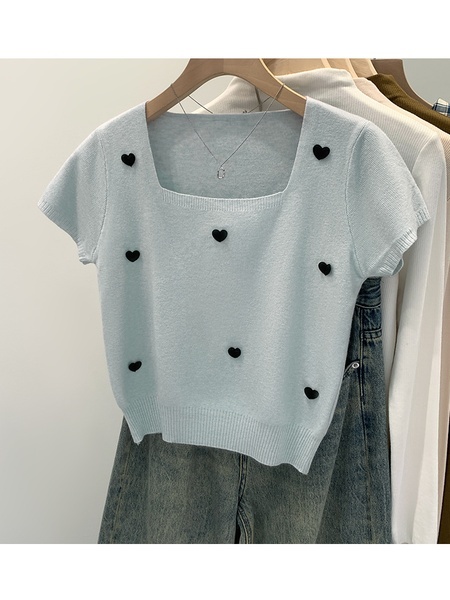 Super Nice Design Love Square Collar Short Sleeve Knitwear for Women 2025 Summer New Light Blue Cropped T-shirt