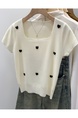 Super Nice Design Love Square Collar Short Sleeve Knitwear for Women 2025 Summer New Cream Cropped T-shirt