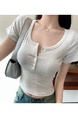 Real Shot American Retro U Collar Light Gray Shoulder T-shirt Women's Summer Tight Hot Girl Short Sleeve Show Umbilical Collarbone Short Top