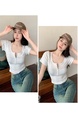 Real Shot American Retro U Collar Light Gray Shoulder T-shirt Women's Summer Tight Hot Girl Short Sleeve Show Umbilical Collarbone Short Top