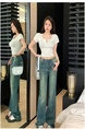 Real Shot American Retro U Collar Light Gray Shoulder T-shirt Women's Summer Tight Hot Girl Short Sleeve Show Umbilical Collarbone Short Top