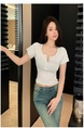 Real Shot American Retro U Collar Light Gray Shoulder T-shirt Women's Summer Tight Hot Girl Short Sleeve Show Umbilical Collarbone Short Top