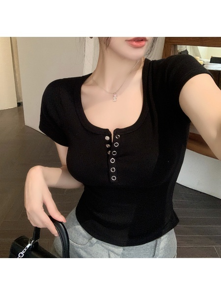Real Shot American Retro U Collar Black Shoulder T-shirt Women's Summer Tight Hot Girl Short Sleeve Show Umbilical Collarbone Short Top