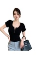 Real Shot American Retro U Collar Black Shoulder T-shirt Women's Summer Tight Hot Girl Short Sleeve Show Umbilical Collarbone Short Top