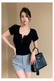 Real Shot American Retro U Collar Black Shoulder T-shirt Women's Summer Tight Hot Girl Short Sleeve Show Umbilical Collarbone Short Top