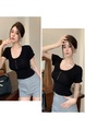 Real Shot American Retro U Collar Black Shoulder T-shirt Women's Summer Tight Hot Girl Short Sleeve Show Umbilical Collarbone Short Top
