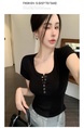 Real Shot American Retro U Collar Black Shoulder T-shirt Women's Summer Tight Hot Girl Short Sleeve Show Umbilical Collarbone Short Top