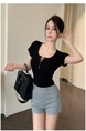 Real Shot American Retro U Collar Black Shoulder T-shirt Women's Summer Tight Hot Girl Short Sleeve Show Umbilical Collarbone Short Top