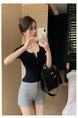 Real Shot American Retro U Collar Black Shoulder T-shirt Women's Summer Tight Hot Girl Short Sleeve Show Umbilical Collarbone Short Top