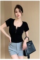 Real Shot American Retro U Collar Black Shoulder T-shirt Women's Summer Tight Hot Girl Short Sleeve Show Umbilical Collarbone Short Top