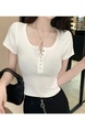 Real Shot American Retro U Collar White Shoulder T-shirt Women's Summer Tight Hot Girl Short Sleeve Show Umbilical Collarbone Short Top