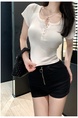 Real Shot American Retro U Collar White Shoulder T-shirt Women's Summer Tight Hot Girl Short Sleeve Show Umbilical Collarbone Short Top