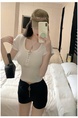 Real Shot American Retro U Collar White Shoulder T-shirt Women's Summer Tight Hot Girl Short Sleeve Show Umbilical Collarbone Short Top