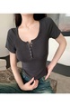 Real Shot American Retro U Collar Black Shoulder T-shirt Women's Summer Tight Hot Girl Short Sleeve Show Umbilical Collarbone Short Top