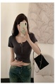 Real Shot American Retro U Collar Black Shoulder T-shirt Women's Summer Tight Hot Girl Short Sleeve Show Umbilical Collarbone Short Top