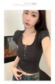 Real Shot American Retro U Collar Black Shoulder T-shirt Women's Summer Tight Hot Girl Short Sleeve Show Umbilical Collarbone Short Top
