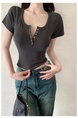 Real Shot American Retro U Collar Black Shoulder T-shirt Women's Summer Tight Hot Girl Short Sleeve Show Umbilical Collarbone Short Top