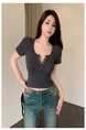 Real Shot American Retro U Collar Black Shoulder T-shirt Women's Summer Tight Hot Girl Short Sleeve Show Umbilical Collarbone Short Top