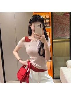 Dopamine Wear Contrast Color Fake Two-Piece Design Beige and Red Ice Silk Knitted Short-Sleeved T-shirt Female Summer Slim Short Top