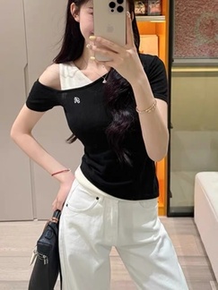 Dopamine Wear Contrast Color Fake Two-Piece Design Black and White Ice Silk Knitted Short-Sleeved T-shirt Female Summer Slim Short Top