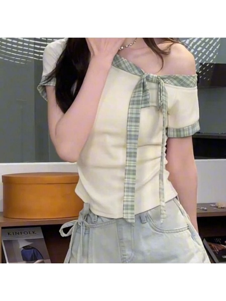 Original Style Sweet Striped Short-Sleeved T-shirt Women's Summer Bow T-shirt Slimming and Shoulder Hollow Top in Cream and Green